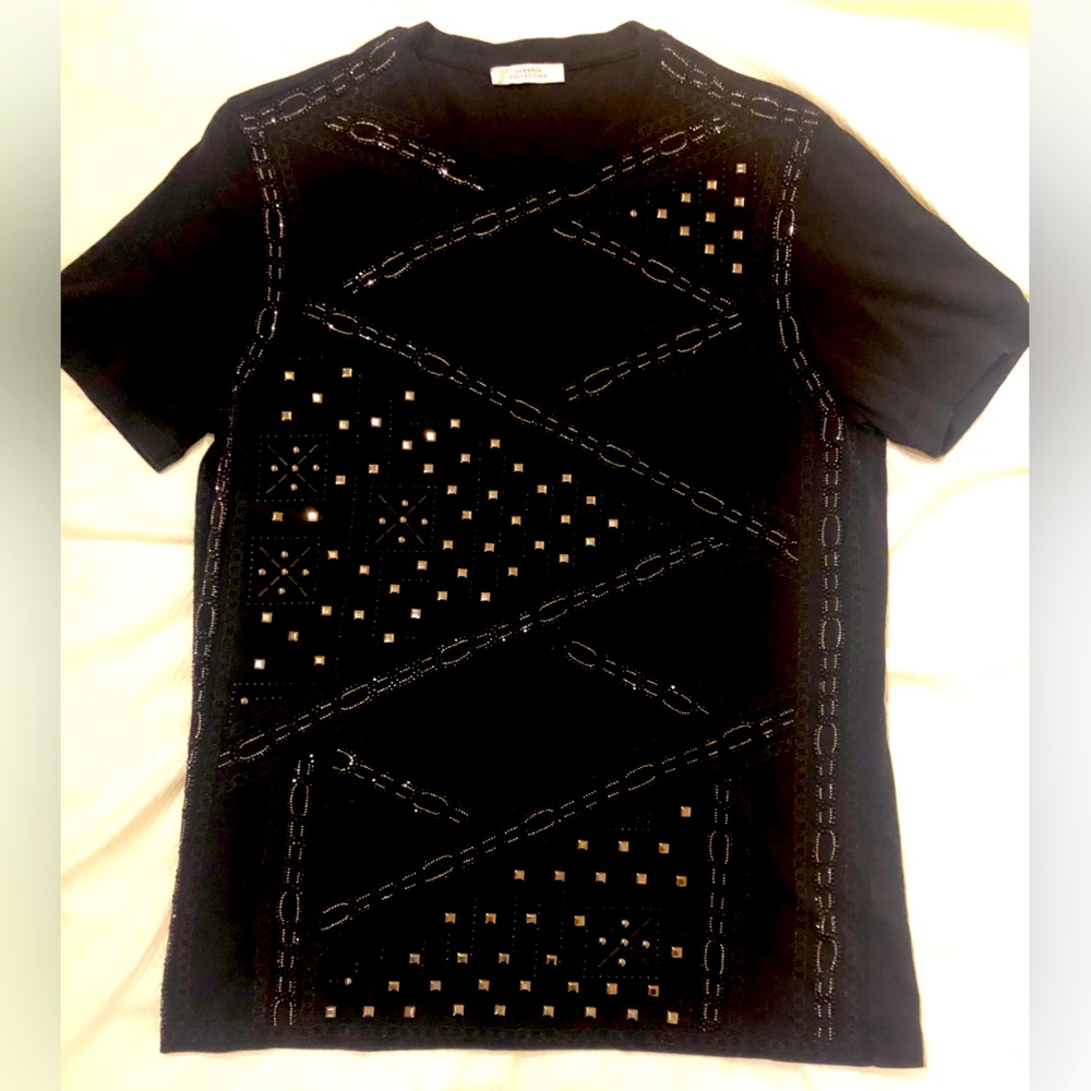Gianni Versace  large black Cotton T-shirt with metallic studs and beads